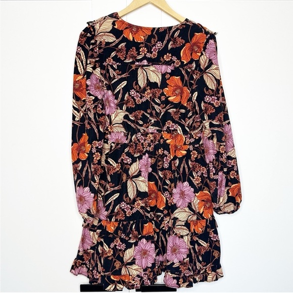 PILCRO TIERED CORDUROY RUFFLED FLORAL BOHO MINI DRESS medium BLACK long sleeve - Picture 8 of 15